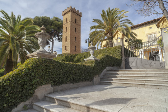 Public park and gardens, classic buildings, Parc Can Buxeres or Boixeres,Hospitalet de Llobregat,province Barcelona,Catalonia.