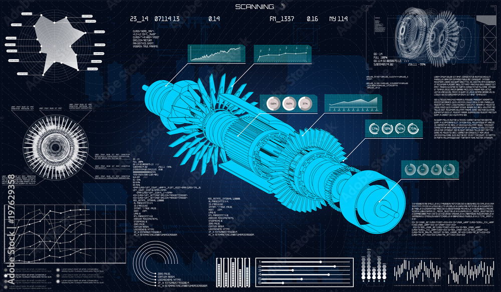 Aufkleber Future engineering.HUD UI. Vector illustration with circles and geometric parts of the mechanism. Design concept with Head-up Display elements. Technology elements, engine, mechanisms, hologram HUD UI