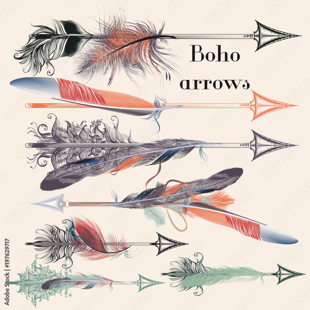 Poster collection of arrows and feathers for design