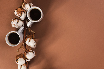 Two cups of aroma morning coffee with natural cotton flowers. Top view.
