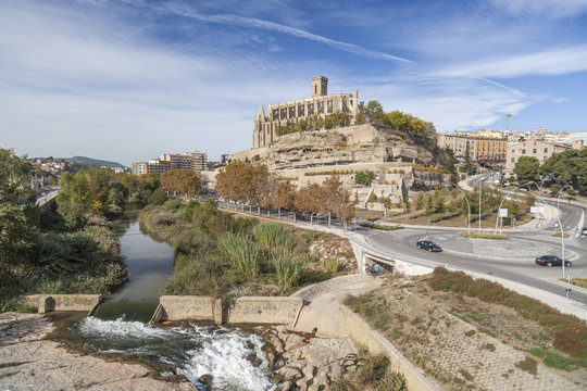 General view of the catalan city of Manresa with cathedral or La Seu in center, province Barcelona, Catalonia, Spain.