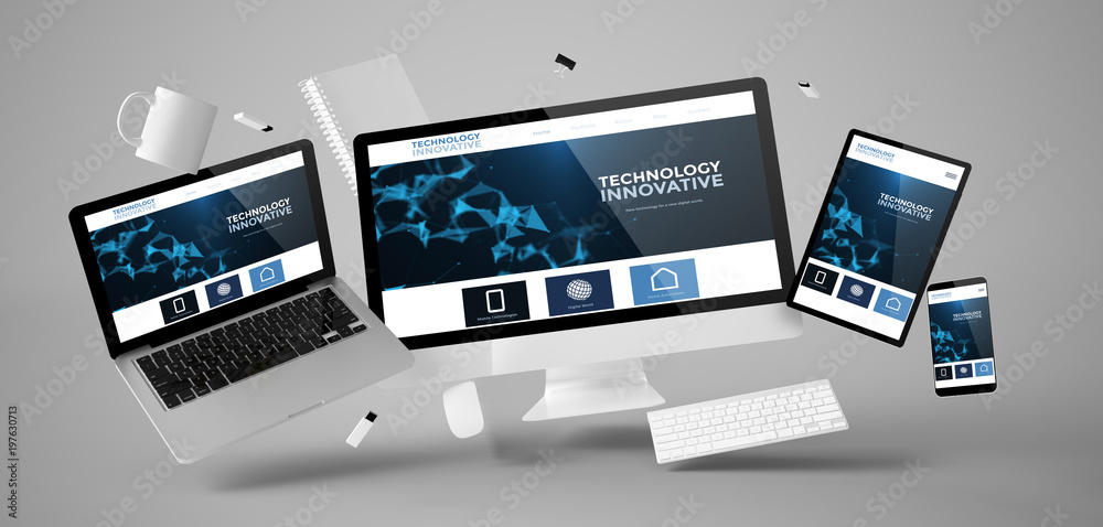 Wall mural office stuff and devices floating with technology innovative website