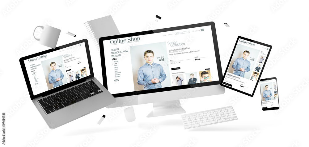 Canvas Prints office stuff and devices floating with online shop