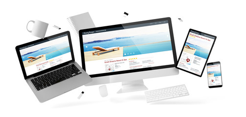 office stuff and devices floating with deluxe resort website