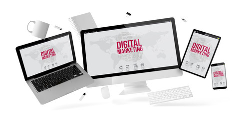 office stuff and devices floating with digital marketing - obrazy, fototapety, plakaty