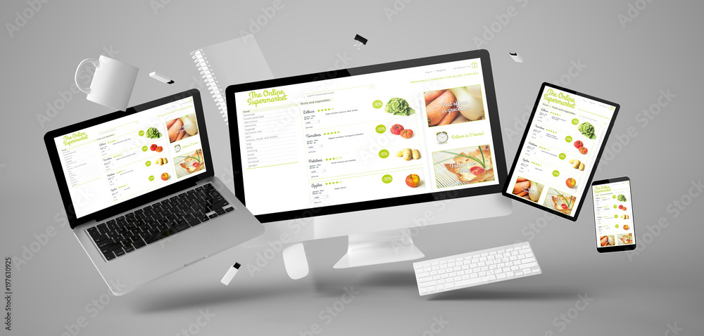 Canvas Prints office stuff and devices floating with online supermarket