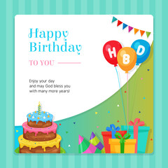 Happy Birthday Modern Invitation Card template with Birthday Cake, Balloon and Gift Box Illustration.