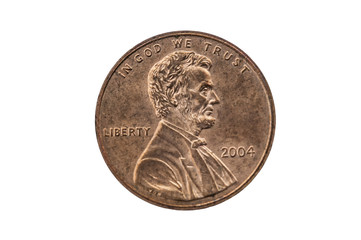 USA one cent penny coin with a portrait image of Abraham Lincoln cut out and isolated on a white...