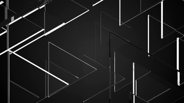 Many glass stylish transparent triangles on black, 3D rendering computer generated abstraction