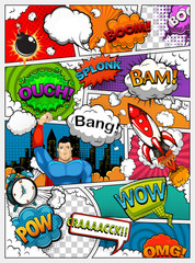 Strona komiksu podzielona liniami z dymkami, efektem rakiety i superbohatera