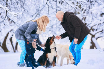 Fototapeta na wymiar The mother,father,son and dogs sitting on the snow