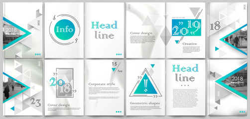 White book binder mockup. A4 brochure cover design. Title sheet model set. Modern vector front page art. Urban city house font. Blue triangle facets frame, lines connection, logo icon. Ad flyer text