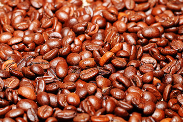 Grains of tasty roasted coffee on the background of cloth burlap