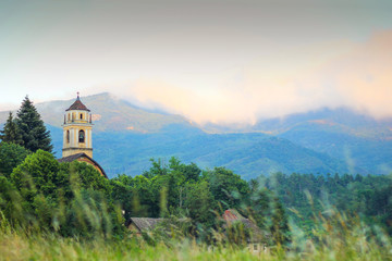 Bell tower of the church San Giovanni in Sassello, Liguria, Italy