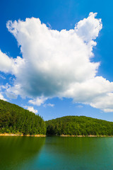 Mountain landscape with lake Gozna surrounded by forest at Valiug, Caras-Severin County, Romania