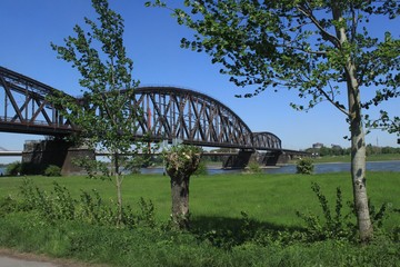 Fototapeta na wymiar Rheinufer an der Haus-Knipp-Eisenbahnbrücke bei Düsseldorf