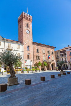 The town hall with its bell tower at Martiri di Alessandria square, Nizza Monferato