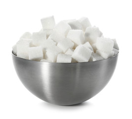 Refined sugar cubes in bowl on white background