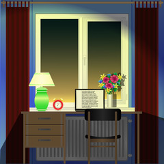 room, Desk, laptop, alarmclock, lamp and window evening