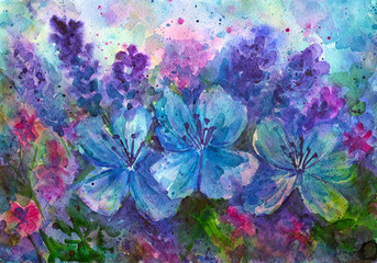 Colorful flowers. Abstract garden. Emotional painting. Watercolor artwork