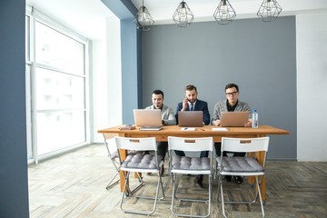 Three businessmen working at laptops sitting at the table