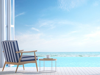 White pool villa terrace 3d render.There white wooden floor. Furnished with white and blue chair There are large open doors overlooks to borderless swimming pool and sea view.