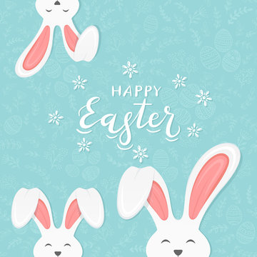 Rabbit ears on blue background with pattern and text Happy Easter
