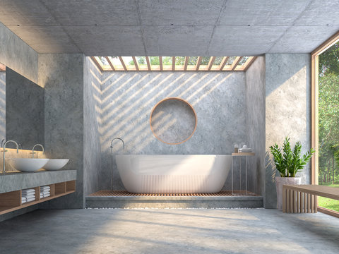 Modern loft style bathroom with polished concrete 3d render.Furnished with wood furniture and white ceramic sanitary ware. There are window overlooks to nature.