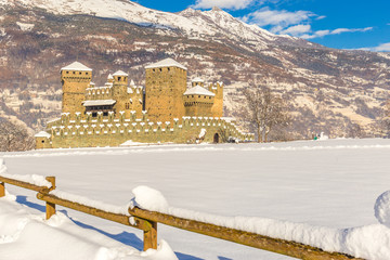 Medieval Fenis castle in Aosta valley, Italy.