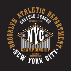 New York City, Brooklyn typography for t-shirt. Original sportswear print. Athletic apparel typography. NYC graphic for design clothes. Vector illustration.