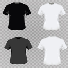 T-shirt on a gray background with the name in front. Men's white t-shirt with short sleeve in front and back views. Vector template. Fully editable handmade mesh.