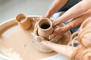 Couple mold ceramic vase in a pottery workshop