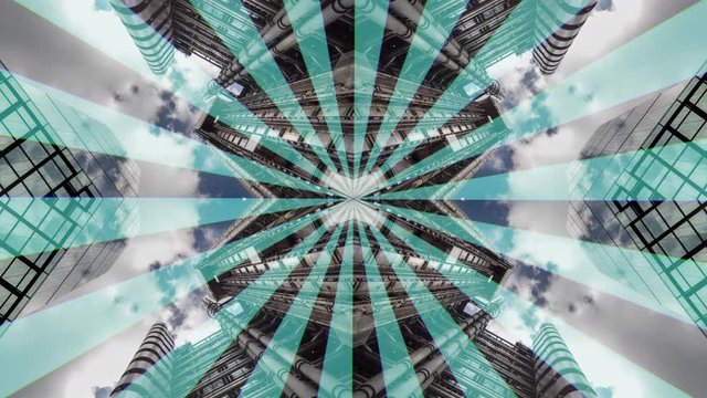 kaleidoscope pattern made from spinning shot looking up to the tall skyscrapers and buildings in london's financial centre