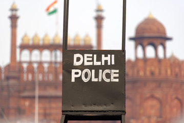 Delhi Police point in front of the Red Fort in New Delhi