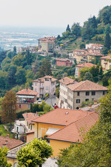 Bergamo, Italy - August 18, 2017: Panoramic view of the city of Bergamo from the castle walls