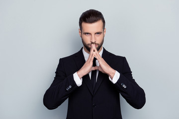 Leader leadership people control domination concept. Portrait of serious strict confident...