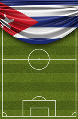 Cuba country flag draped over a football soccer pitch. 3D Rendering
