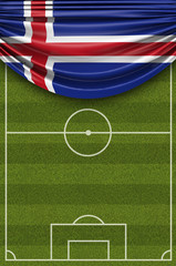 Iceland country flag draped over a football soccer pitch. 3D Rendering