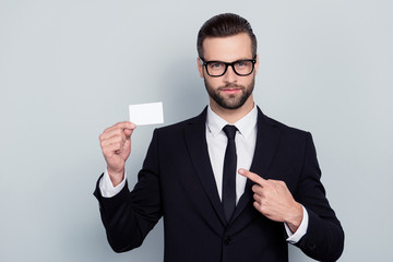 Tie tux shirt choose choice lawyer financier help concept. Portrait of serious confident smart modern investor banker executive boss manager freelancer showing card isolated gray background copy-space