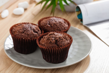Fresh baked chocolate muffins on gray plate