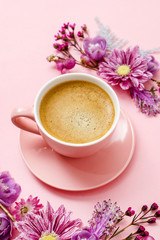 coffee in pink pastel table top view