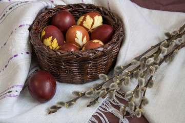 The painted egg and willow twigs. Easter day.