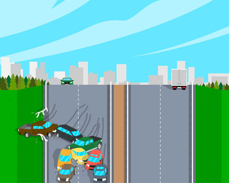 Many cars crashed on the road. Vector illustration