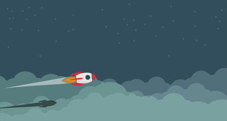 Picture of rocket flying above clouds, business startup banner concept, flat style illustration