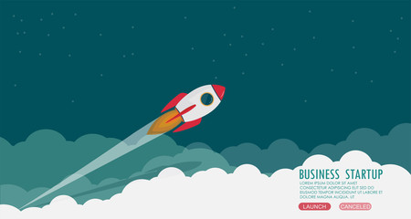 Picture of rocket flying above clouds, business startup banner concept, flat style illustration