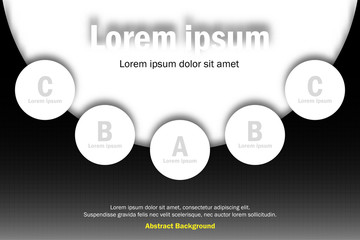 Business infographics presentation with white 5 circle topics on black and white background for vector graphic idea design concept