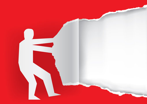 Man Ripping red Paper Background.
Paper silhouette of man ripping red paper background with place for your text or image. Vector available