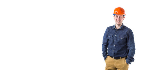 Portrait of  repairman (builder) in helmet gesturing okay isolated on white background. Copy space