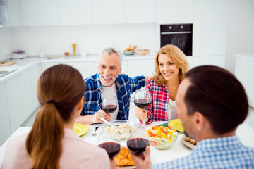 Portrait of stylish, attractive, festive, cheerful senior couple enjoying dinning with children in house, apartment holding glasses with red wine, alcohol, having appetizing dishes on the table