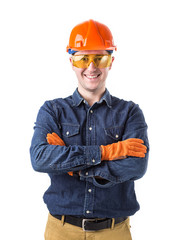 Portrait of  repairman (builder) in helmet gesturing okay isolated on white background